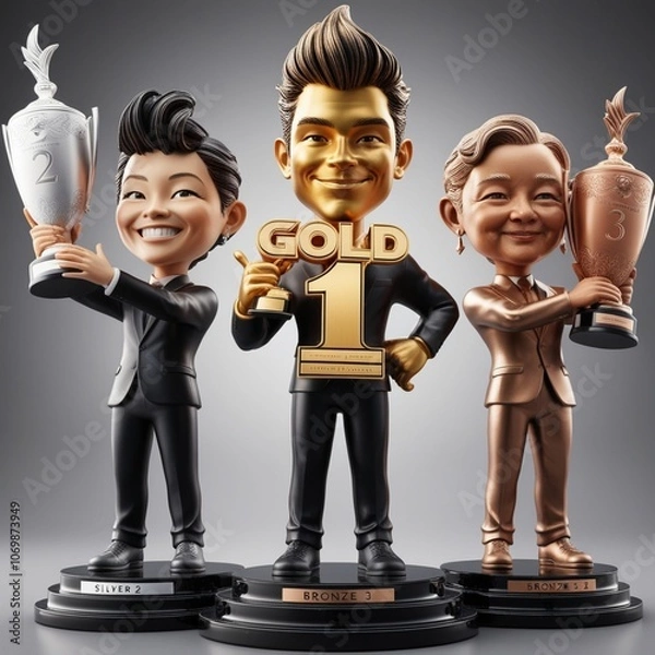 Obraz Three 3D figures on a podium holding gold, silver, and bronze trophies, each standing in a different position.