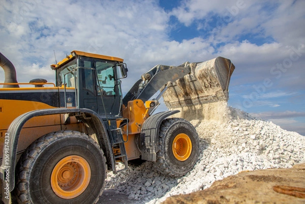 Fototapeta a yellow bucket truck dumps white marble chips onto an open warehouse at the wharf. A bucket loader forms a stack