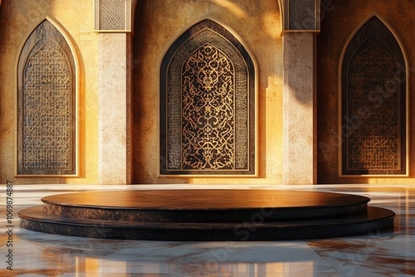 Fototapeta A podium with the interior of a mosque as background for product display on Islamic celebration day
