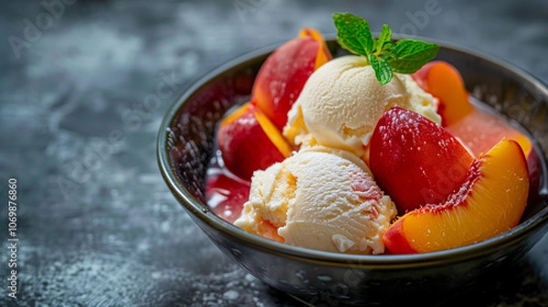 Fototapeta Peach Melba with Poached Peaches and Vanilla Ice Cream in Black Bowl