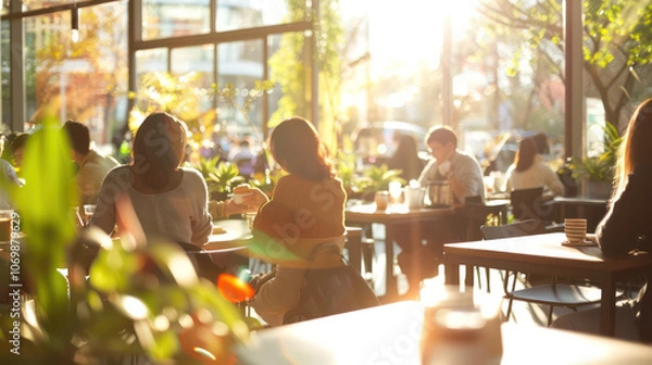 Fototapeta A warm and inviting cafe scene with sunlight streaming through large windows, creating cozy atmosphere