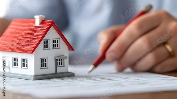 Fototapeta Couple Engaged in Calculating Home Loan Payments with Miniature House and Financial Documents. Property Loan and Credit Concept
