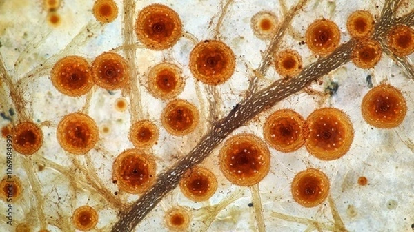 Obraz Close-up of microscope slide revealing intricate fungal spores, essential for research on fungal diseases and microbiology studies.