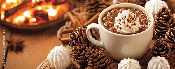 Fototapeta A close-up of a lit fireplace with a warm glow, a cup of hot cocoa resting on a rustic coffee table, evoking the spirit of Christmas tradition.