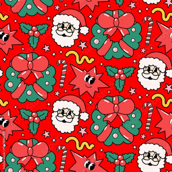 Fototapeta Christmas and Happy New Year seamless groovy pattern. Santa Claus, festive wreath, lollipop, candy, star, holy berry in cartoon style. Vector illustration for textile, wallpaper, wrapping paper