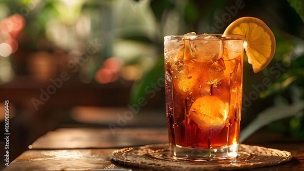 Obraz  Refreshing and Sweet Iced Peach Tea in a Steamed Glass with Ice Cubes: Perfect Summer Beverage