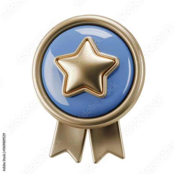 Fototapeta 3D Winner Medal with Star and Ribbon on Transparent Background, Quality Guarantee Product Champion Award, Minimal Cartoon Style, 3D Graphics Medal Rating Icon Rendering, PNG Isolated