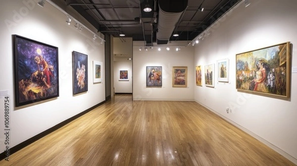 Fototapeta Image of a gallery, art gallery, art gallery to display the artist's paintings and artwork, show in a lighted area without people.