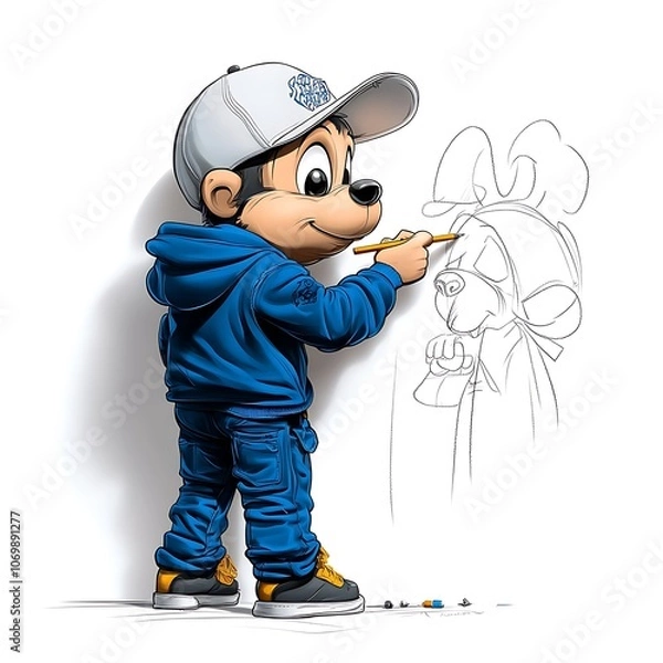 Fototapeta Cartoon Artist Drawing on Wall in Urban Setting