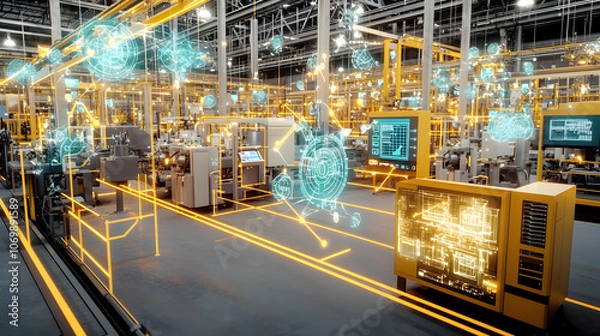 Fototapeta Futuristic factory with digital technology visualizations