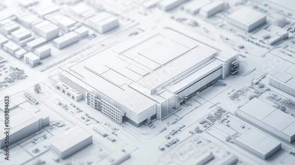Fototapeta modern industrial building with high tech details, 3D white blueprint top view, abstract architecture background concept