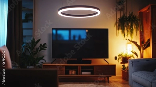 Fototapeta Cozy living space with large TV mounted on a wooden stand, circular ceiling light softly illuminating the room.