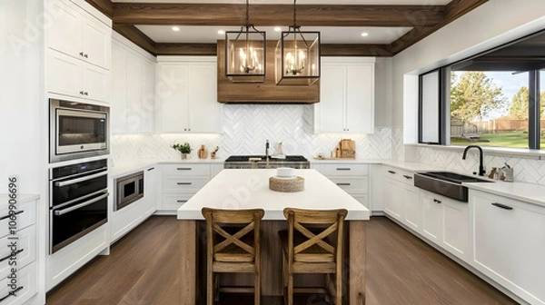 Fototapeta Modern kitchen with white cabinets, a large island with two stools, hardwood floors, and a farmhouse sink.