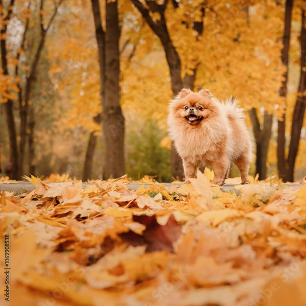 Obraz A pomeranian on autumn foliage. A dog with emotions. Walking with a dog and his reactions. A cheerful, funny and cute pet.