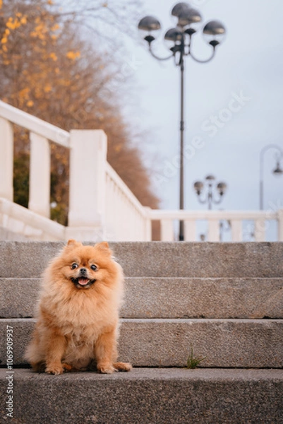 Obraz A red-haired Pomeranian is sitting on the steps in the park. A cute pet dog on a walk. Funny dog emotions.