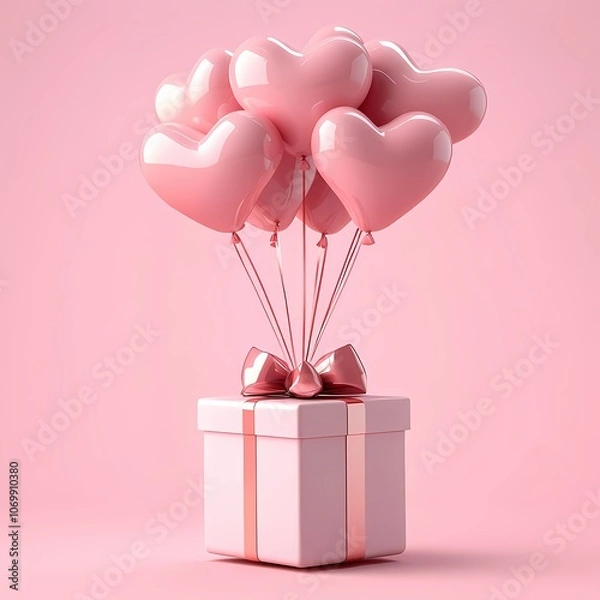 Fototapeta Pink love balloons tied to gift box