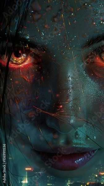Fototapeta Glowing Eyes in the Rain: A Cyberpunk Portrait