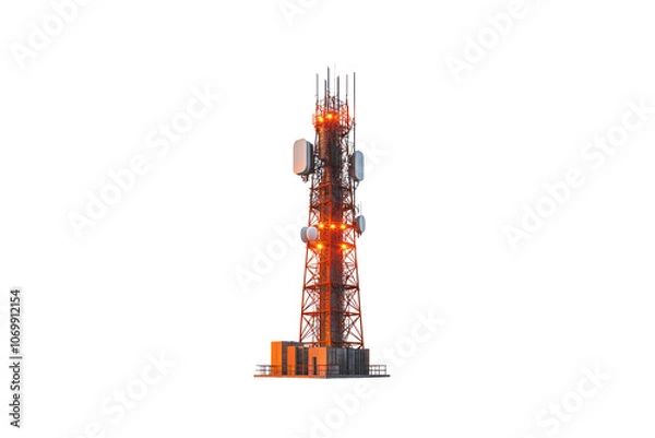 Fototapeta tall telecommunications tower with antennas and lights, surrounded by equipment. structure is illuminated, showcasing its importance in communication technology