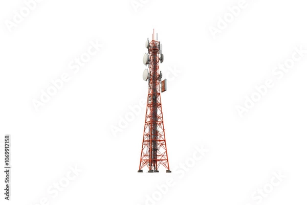 Fototapeta Telecommunication tower with antennas, red metal structure, isolated on white background, used for signal transmission and reception