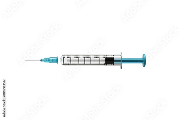 Fototapeta Medical syringe with clear barrel and blue plunger, used for injections and vaccinations. This essential tool is crucial in healthcare settings