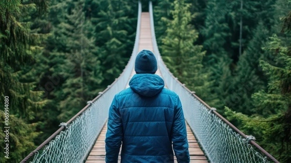 Fototapeta A serene landscape view featuring a person on a suspension bridge surrounded by lush green forest, evoking adventure and tranquility.