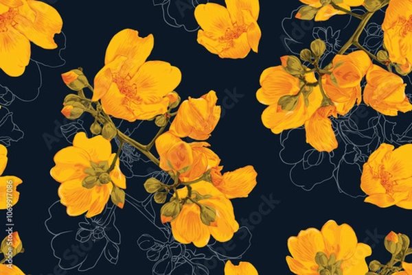 Fototapeta Floral seamless pattern with Cochlospermum religiosum​ flowers background.Vector illustration hand drawing. For textile,curtain,fabric pattern print design.