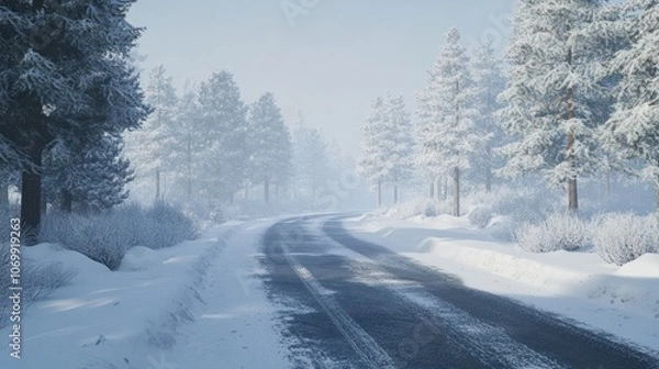 Fototapeta In a winter landscape in Germany, a road covered in snow and trees covered in snow.