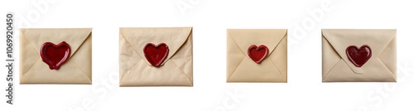 Obraz Set of vintage envelopes sealed with red heart wax, isolated on transparent background, perfect for Valentine's Day concept