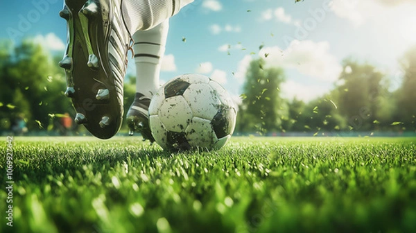 Fototapeta Soccer player kicking ball on green field in sunlight