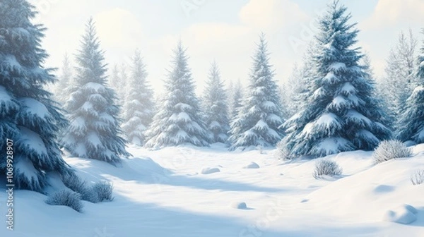 Fototapeta Winter Forest Landscape with Snow-Covered Trees Under Bright Sunlight, background