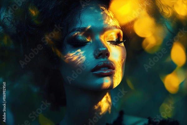 Fototapeta A young woman with closed eyes basks in vibrant sunlight, her face painted in warm golden hues, creating an ethereal and dreamlike atmosphere.