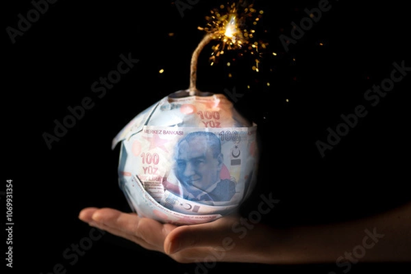 Obraz Turkish lira 100 TL. Concept of a bomb figure about to explode.