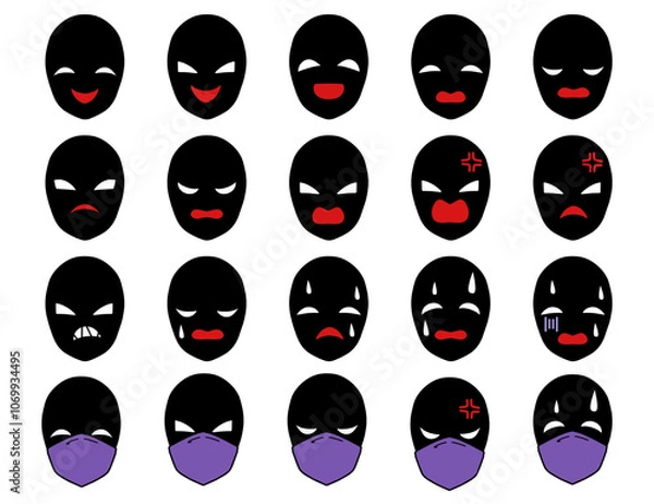 Fototapeta 黒いシルエットの悪人の顔のアイコンセット