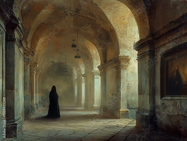 Fototapeta Mysterious Figure in a Dark and Ancient Hallway