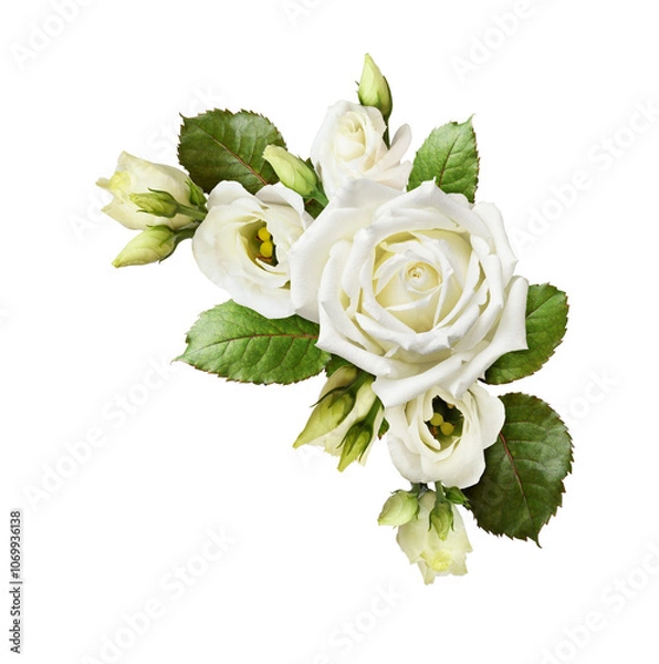 Fototapeta White roses and eustoma flowers in a corner arrangement isolated on white or transparent background