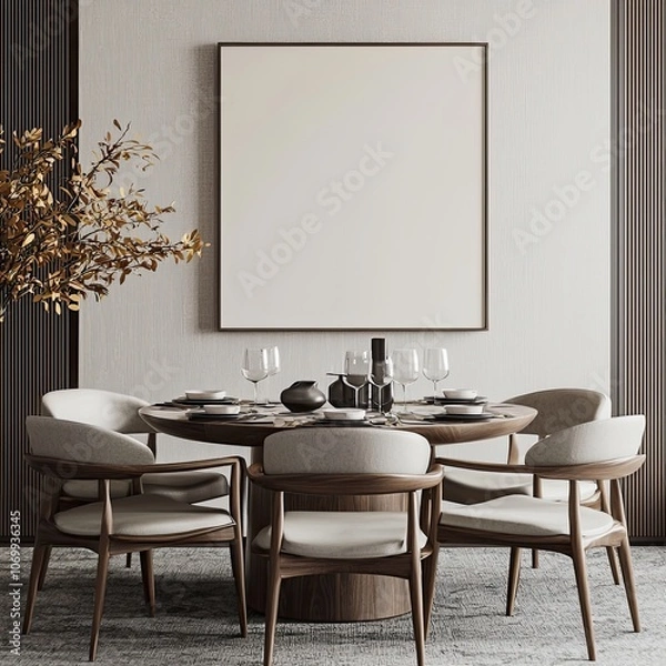 Fototapeta minimalist mockup of an empty, blank poster frame on the wall in a dining room interior with a modern table and chairs