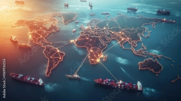 Fototapeta A visual representation of a global shipping route, featuring a world map with various shipping vessels marked along their paths,