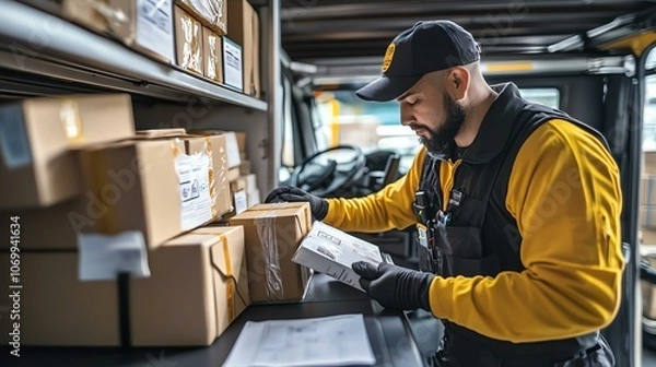 Fototapeta A delivery worker organizes packages inside a vehicle, checking items against paperwork while ensuring accurate distribution.