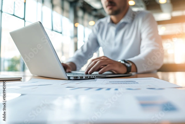 Fototapeta Man is typing on a laptop in front of a table with papers. The man is wearing a white shirt