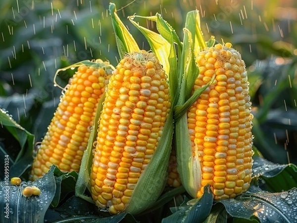 Fototapeta Close-up of Ripe Corn on the Cob in a Field with Rain Drops