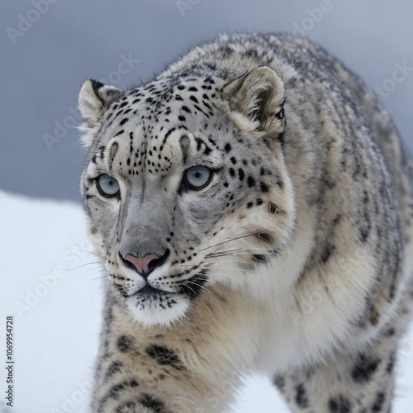 Fototapeta A close-up portrait of a snow leopard, showcasing its piercing blue eyes and thick fur. The image captures the animal's powerful presence and its adaptation to the harsh,

