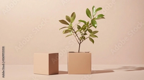 Fototapeta Minimalist plant in a geometric pot symbolizes sustainable design and nature integration.