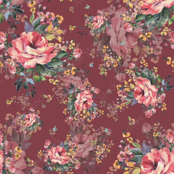 Fototapeta Abstract beautiful hand drawn pattern with rose and herbs