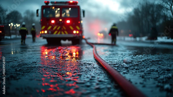 Fototapeta fire engine with long hose on wet road, firefighters working in background, dramatic lighting and atmosphere