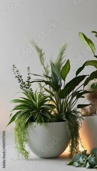 Fototapeta A serene and minimalist composition featuring a lush arrangement of fresh plants with varying shades of green, from soft moss and sage to deep emerald and lime, set against a clean.