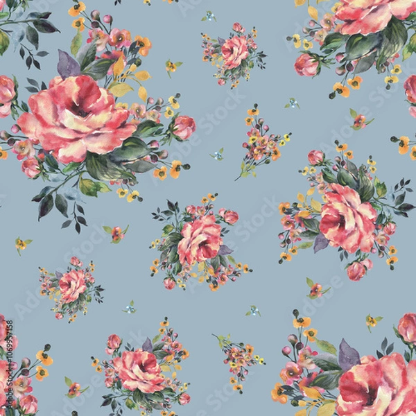 Fototapeta Abstract beautiful hand drawn pattern with rose and herbs