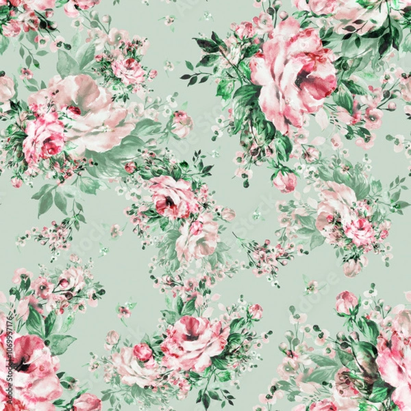 Fototapeta Abstract beautiful hand drawn pattern with rose and herbs