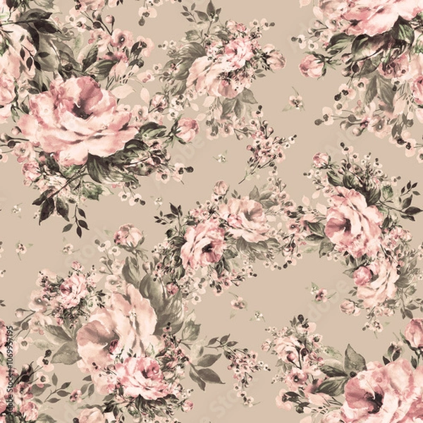 Fototapeta Abstract beautiful hand drawn pattern with rose and herbs