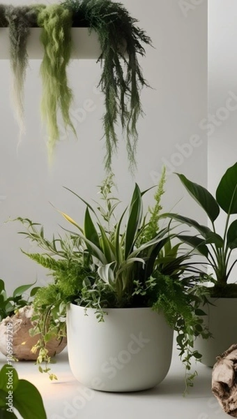 Fototapeta A serene and minimalist composition featuring a lush arrangement of fresh plants with varying shades of green, from soft moss and sage to deep emerald and lime, set against a clean.
