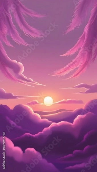 Fototapeta A serene landscape depicting a breathtaking sunset with a kaleidoscope of warm hues, predominantly featuring vibrant shades of purple and pink that gradually dissolve into soft oranges and yellows.
